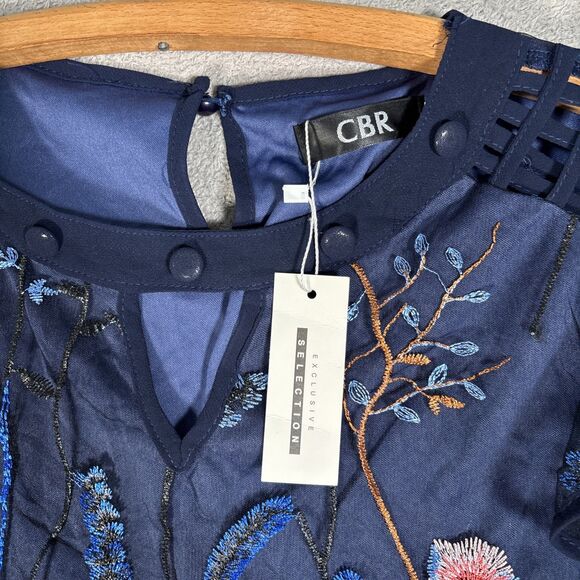 NWT CBR Top Womens Size M Navy Blue Layered Mesh Embroidered Ditsy Forest Fairy - Picture 6 of 14